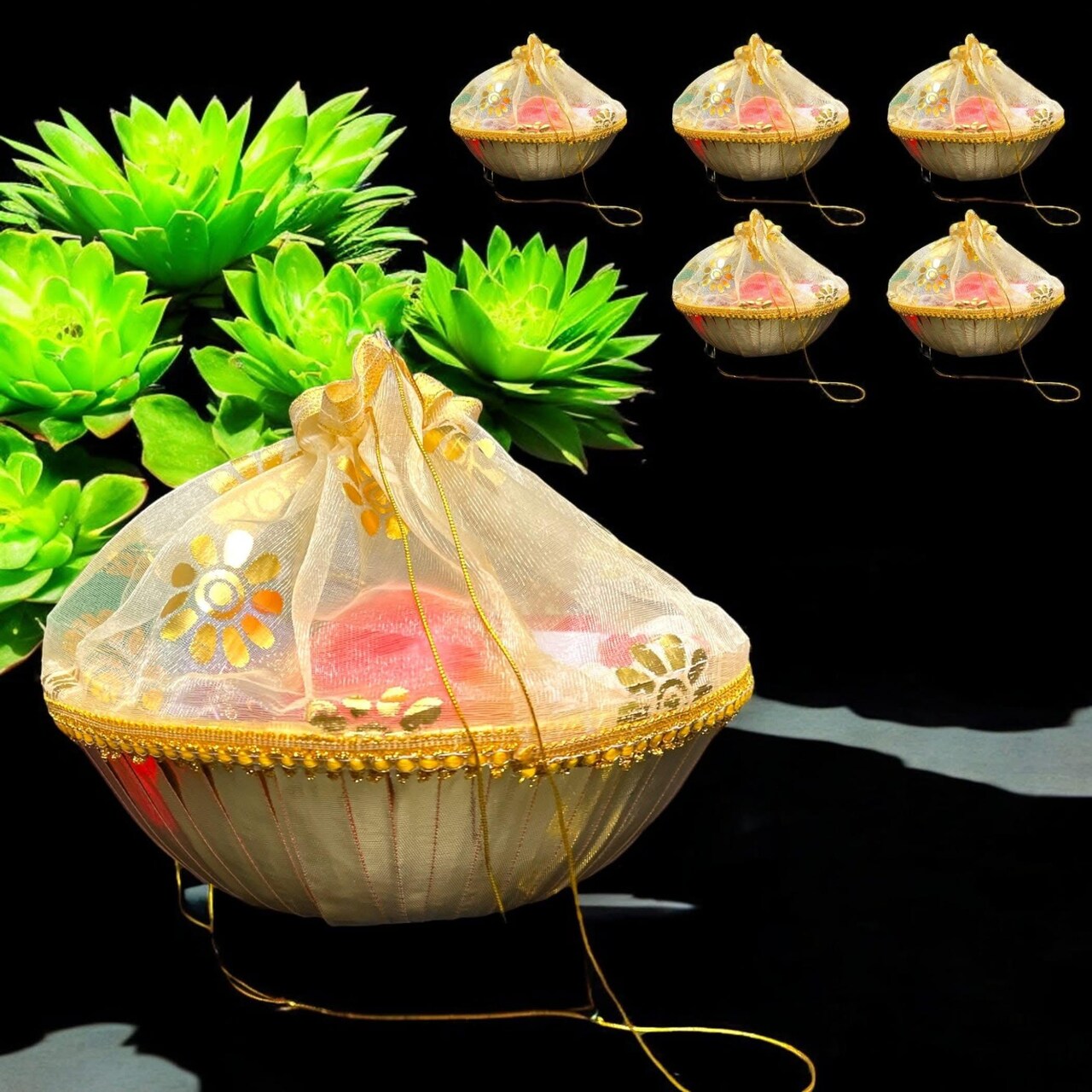 5ct 10 Inch Handmade Decorated Gift Basket with Readymade Net Packing for Indian Wedding Baby Shower Engagement Diwali Housewarming Return Gifts - Baskets for Storage